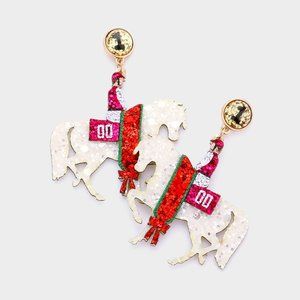 Glittered Derby White Horse Jockey Earrings for Daughter
